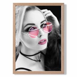 ARTZE Girl with Pink Sunglasses Fashion Black & White Photo Framed Print SIZE: A3 with Oak Frame - Size: A2
