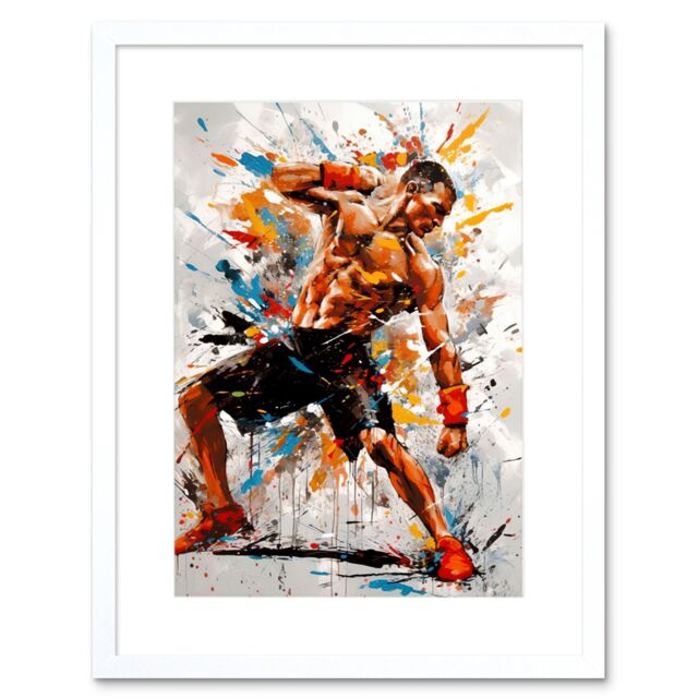 "Artery8 Wall Art Print Martial Arts Kickboxer Athlete Splat Paint Artwork Framed 9X7 Inch in White - Size: W7"" x H9""" - image 1