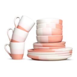 Royalford 16 Piece Stoneware Dinner Set Microwave Dishwasher Safe in Pink