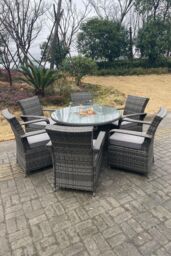 Fimous PE Rattan Gas Fire Pit Round Dining Table Gas Heater Dining Table & Chair Set 6 Seater in Dark Grey - thumbnail 2