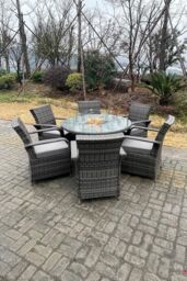 Fimous PE Rattan Gas Fire Pit Round Dining Table Gas Heater Dining Table & Chair Set 6 Seater in Dark Grey - thumbnail 4