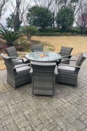 Fimous PE Rattan Gas Fire Pit Round Dining Table Gas Heater Dining Table & Chair Set 6 Seater in Dark Grey