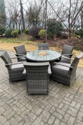 Fimous PE Rattan Gas Fire Pit Round Dining Table Gas Heater Dining Table & Chair Set 6 Seater in Dark Grey - thumbnail 5