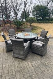 Fimous PE Rattan Gas Fire Pit Round Dining Table Gas Heater Dining Table & Chair Set 6 Seater in Dark Grey - thumbnail 3