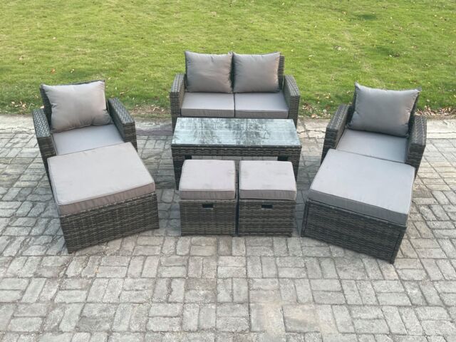 Fimous High Back Rattan Garden Furniture Sofa Sets with Rectangular Coffee Table Armchair 2 Big Footstool 2 Small Footstools Dark Grey Mixed - image 1