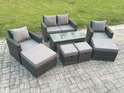 Fimous High Back Rattan Garden Furniture Sofa Sets with Rectangular Coffee Table Armchair 2 Big Footstool 2 Small Footstools Dark Grey Mixed - thumbnail 2