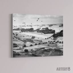"Artery8 WWII War US Landing Ships Omaha Beach D Day Canvas Wall Art Print in Grey - Size: W18"" x H24""" - thumbnail 2