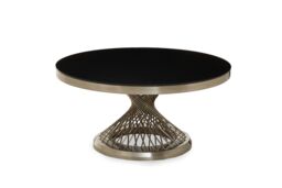Orsina Coffee Table With Silver Base, Round Black Glass Top Modern Coffee Table, Contemporary Coffee Table