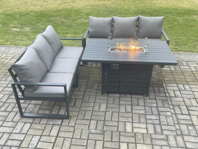 Fimous Aluminium 6 Seater Outdoor Garden Furniture Lounge Sofa Set Gas Fire Pit Dining Table Sets in Dark Grey - image 1