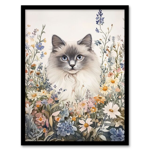 "Artery8 Pet Portrait in Spring Flowers Ragdoll Cat Lover Framed Art Print in Pink - Size: W12"" x H16""" - image 1