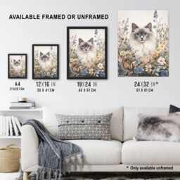 "Artery8 Pet Portrait in Spring Flowers Ragdoll Cat Lover Framed Art Print in Pink - Size: W12"" x H16""" - thumbnail 3