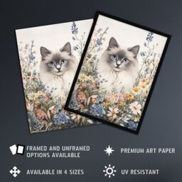 "Artery8 Pet Portrait in Spring Flowers Ragdoll Cat Lover Framed Art Print in Pink - Size: W12"" x H16""" - thumbnail 2