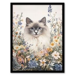 "Artery8 Pet Portrait in Spring Flowers Ragdoll Cat Lover Framed Art Print in Pink - Size: W12"" x H16""" - thumbnail 1