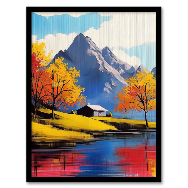 "Artery8 Lakehouse Cottage Mountain Lake Autumn Landscape Framed Art Print - Size: W12"" x H16""" - image 1