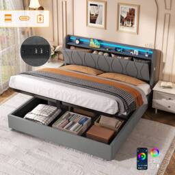 BTM King Bed with Hydraulic Storage & LED Charging Headboard in Grey - thumbnail 8