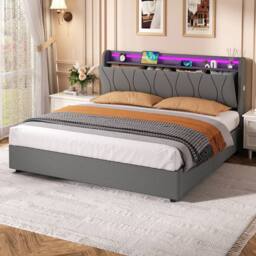 BTM King Bed with Hydraulic Storage & LED Charging Headboard in Grey - thumbnail 2