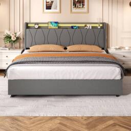 BTM King Bed with Hydraulic Storage & LED Charging Headboard in Grey - thumbnail 4