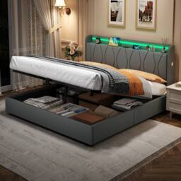 BTM King Bed with Hydraulic Storage & LED Charging Headboard in Grey - thumbnail 3