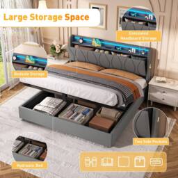 BTM King Bed with Hydraulic Storage & LED Charging Headboard in Grey - thumbnail 5