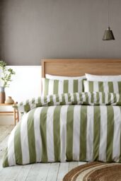 Catherine Lansfield 'Cove Stripe' Reversible Duvet Cover Set in Green - Size: King - thumbnail 1