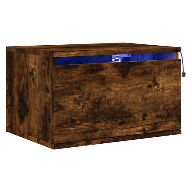 Berkfield Home Wall-mounted Bedside Cabinet with LED Lights Smoked Oak in Brown - image 1