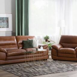 Wyld and Coco 3+1 Brown Leather Sofa Set - Retro Deep Seating Birchwood Legs