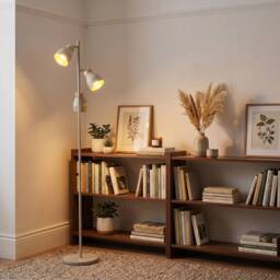 Happy Homewares Muted Dove Grey Scandinavian Triple Spot Floor Lamp with Wooden Trim in Light Grey - thumbnail 5