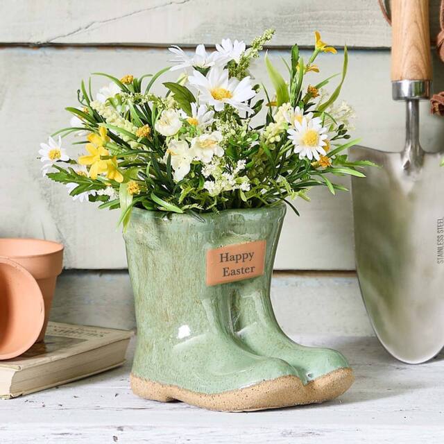 "Dibor Small Green Ceramic Boots Flower Planter with ""Happy Easter"" Engraved Plaque Gardening Gift H10 x W12cm" - image 1
