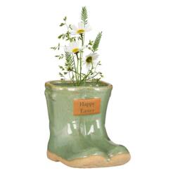 "Dibor Small Green Ceramic Boots Flower Planter with ""Happy Easter"" Engraved Plaque Gardening Gift H10 x W12cm" - thumbnail 2