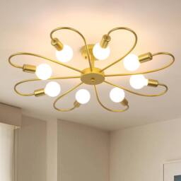 Garwarm Modern 8-Light Ceiling Light Fixture Industrial Sputnik Ceiling Lamp, E27 Semi Flush Mount Gold Chandeliers Lighting for Living Room