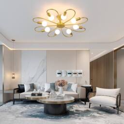 Garwarm Modern 8-Light Ceiling Light Fixture Industrial Sputnik Ceiling Lamp, E27 Semi Flush Mount Gold Chandeliers Lighting for Living Room - thumbnail 3
