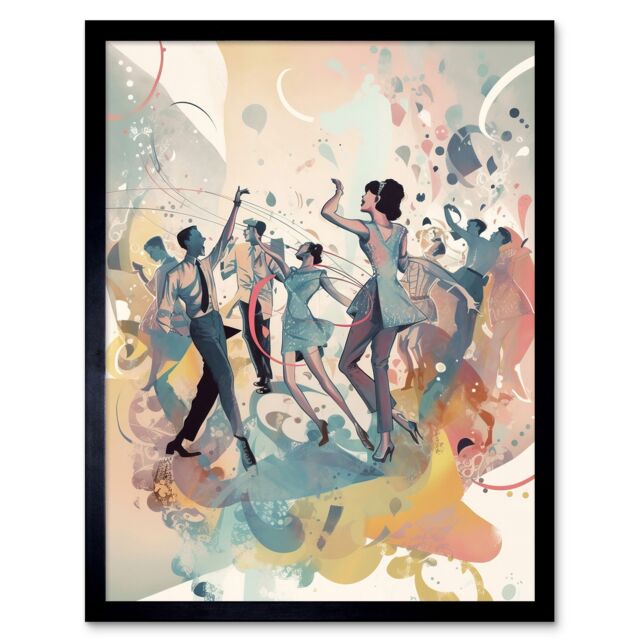 "Artery8 Wall Art Print People Dancing to Music on the Dancefloor Modern Soft Pastel Watercolour Painting Art Framed in Black - Size: W12"" x H16""" - image 1