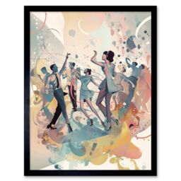 "Artery8 Wall Art Print People Dancing to Music on the Dancefloor Modern Soft Pastel Watercolour Painting Art Framed in Black - Size: W12"" x H16""" - thumbnail 1
