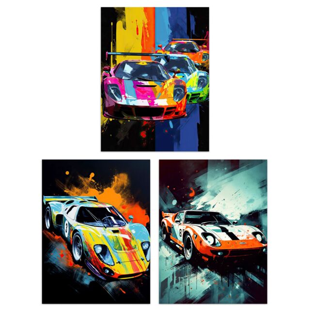 Artery8 Wall Art Print Set of 3 Racing Car Motorsport Grand Prix Paintings Bright Colourful Mancave Gift For Him Living Room Poster s Pack - Size: A4 - image 1