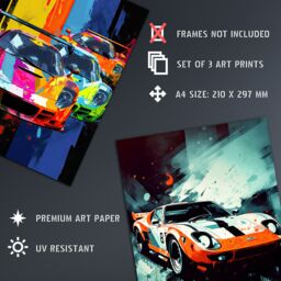 Artery8 Wall Art Print Set of 3 Racing Car Motorsport Grand Prix Paintings Bright Colourful Mancave Gift For Him Living Room Poster s Pack - Size: A4 - thumbnail 4