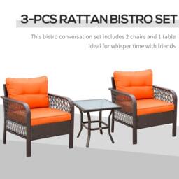 OUTSUNNY 3 Pieces Rattan Bistro Set with Tempered Glass Table Orange - thumbnail 4