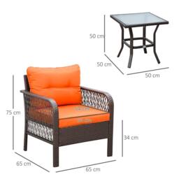 OUTSUNNY 3 Pieces Rattan Bistro Set with Tempered Glass Table Orange - thumbnail 3