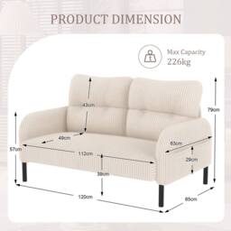Direct Wicker Corduroy Two-Seater Sofa, Soft Loveseat for Living Room, Velvet Fabric in Beige - Size: 1 Pack - thumbnail 2