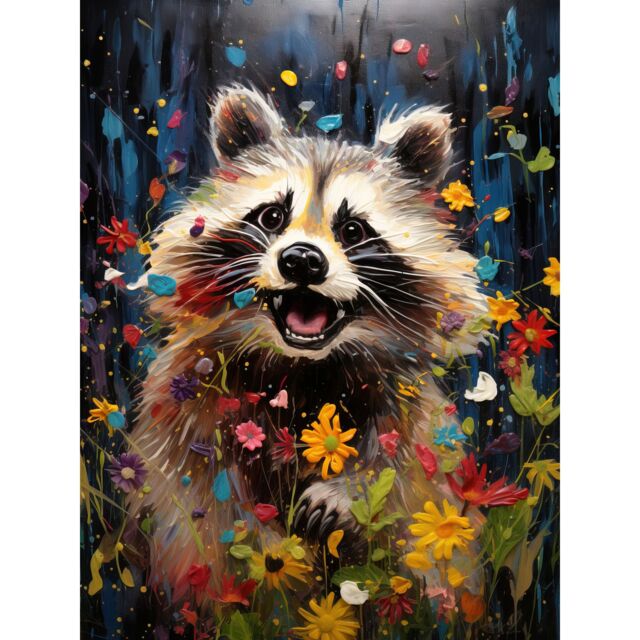Artery8 Wall Art Print Racoon Romp Playing in a Wildflower Meadow Oil Painting Running Through Flowers in Spring Quirky Portrait Poster - image 1