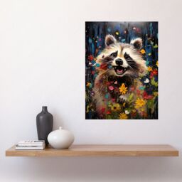 Artery8 Wall Art Print Racoon Romp Playing in a Wildflower Meadow Oil Painting Running Through Flowers in Spring Quirky Portrait Poster - thumbnail 2