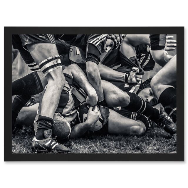 Artery8 B&W Rugby Match Close Up Scrum Teams HDR A4 Artwork Framed Wall Art Print in Black - image 1
