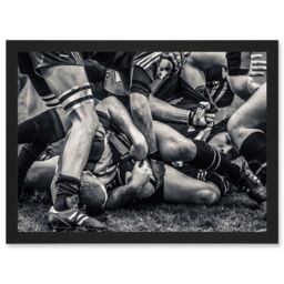 Artery8 B&W Rugby Match Close Up Scrum Teams HDR A4 Artwork Framed Wall Art Print in Black - thumbnail 1