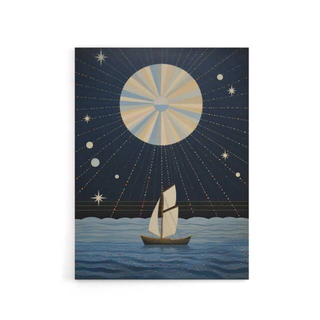 "Artery8 Boat Sailing Under Full Moon Canvas Abstract Wall Art in Dark Blue - Size: W18"" x H24""" - image 1