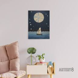 "Artery8 Boat Sailing Under Full Moon Canvas Abstract Wall Art in Dark Blue - Size: W18"" x H24""" - thumbnail 3