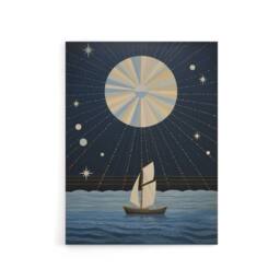 "Artery8 Boat Sailing Under Full Moon Canvas Abstract Wall Art in Dark Blue - Size: W18"" x H24""" - thumbnail 1
