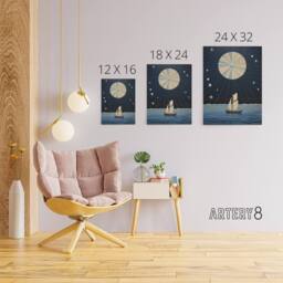 "Artery8 Boat Sailing Under Full Moon Canvas Abstract Wall Art in Dark Blue - Size: W18"" x H24""" - thumbnail 4