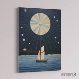 "Artery8 Boat Sailing Under Full Moon Canvas Abstract Wall Art in Dark Blue - Size: W18"" x H24""" - thumbnail 2