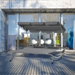 OUTSUNNY Garden Double Hammock Sun Lounger Day Bed Canopy 2 Pillows w/ Stand in Grey - thumbnail 1