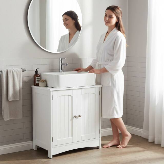 Alivio Under Sink Bathroom Cabinet for Wall-Hung Washbasin with Magnet Doors in White - image 1