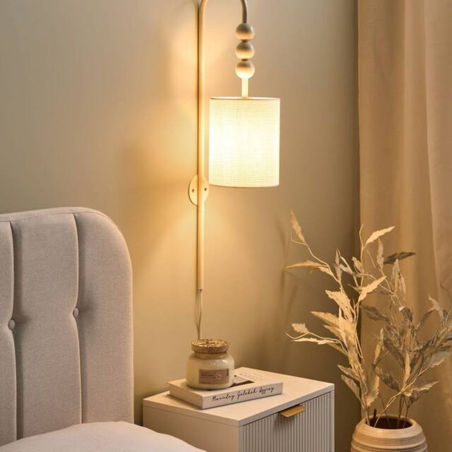 Wyld and Coco Wall Lamp - Beige Fabric Drum Shade Iron Frame Mid-Century Style - image 1
